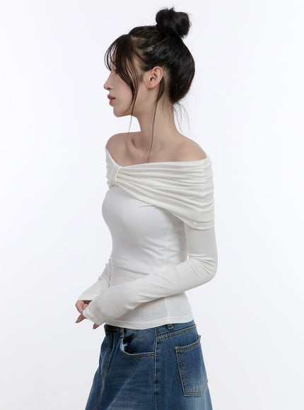 shirred-off-shoulder-solid-t-shirt-co419