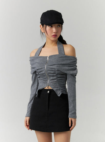 shirred-off-shoulder-zip-up-crop-top-cd307