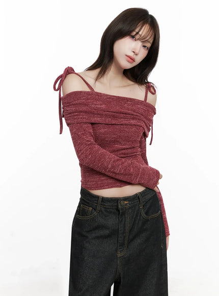 Knit Ribbon Strap Off-Shoulder Top IN514