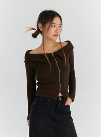 Ripped Off Shoulder Zip Up Sweater CN310