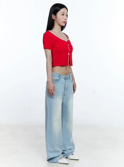 Cropped Button-Up Short Sleeve Cardigan CG512