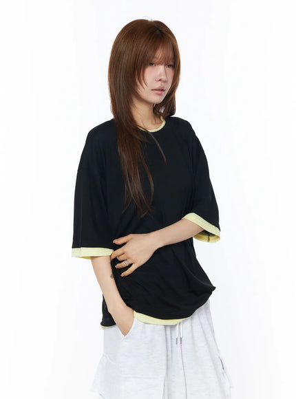 oversized-layered-t-shirt-cy527 / Black