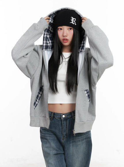 Checkered detail Zip-Up Hoodie CN528