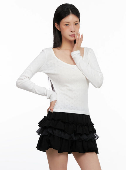 Scoop Neck Ribbed Long Sleeve Top IS508