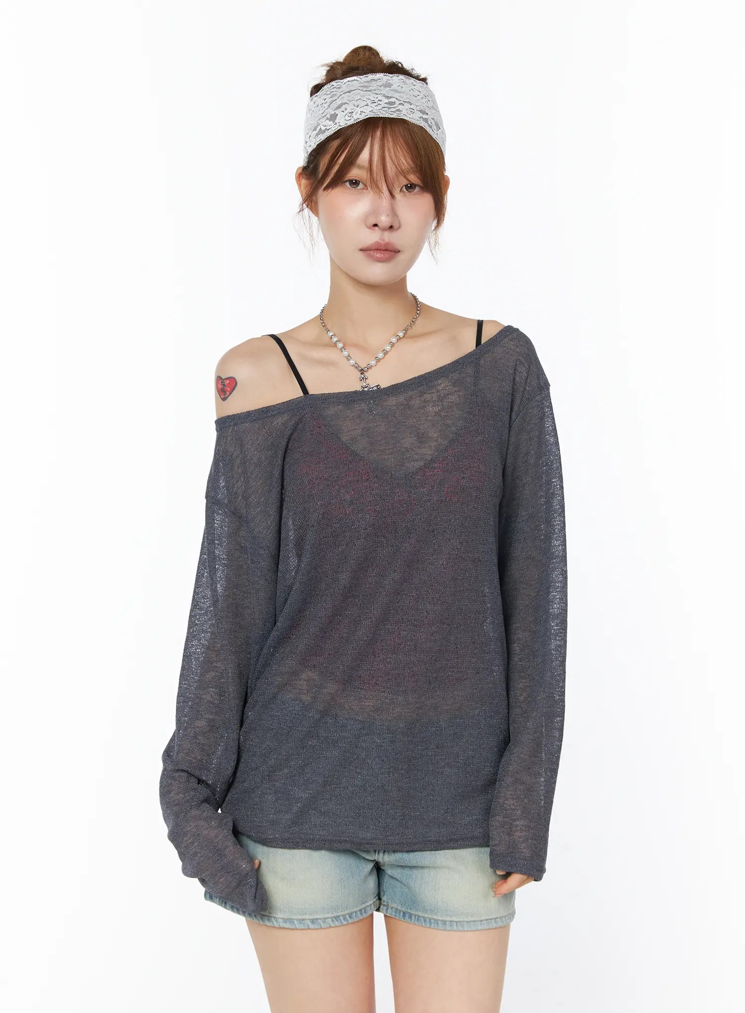 sheer-off-shoulder-long-sleeve-top-cy528 / Dark gray