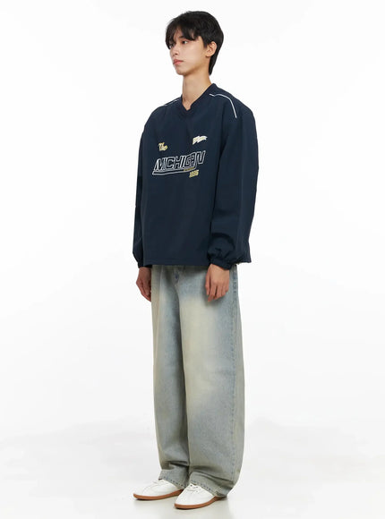 Men's V-Neck Lettering Windbreak Pullover IO516