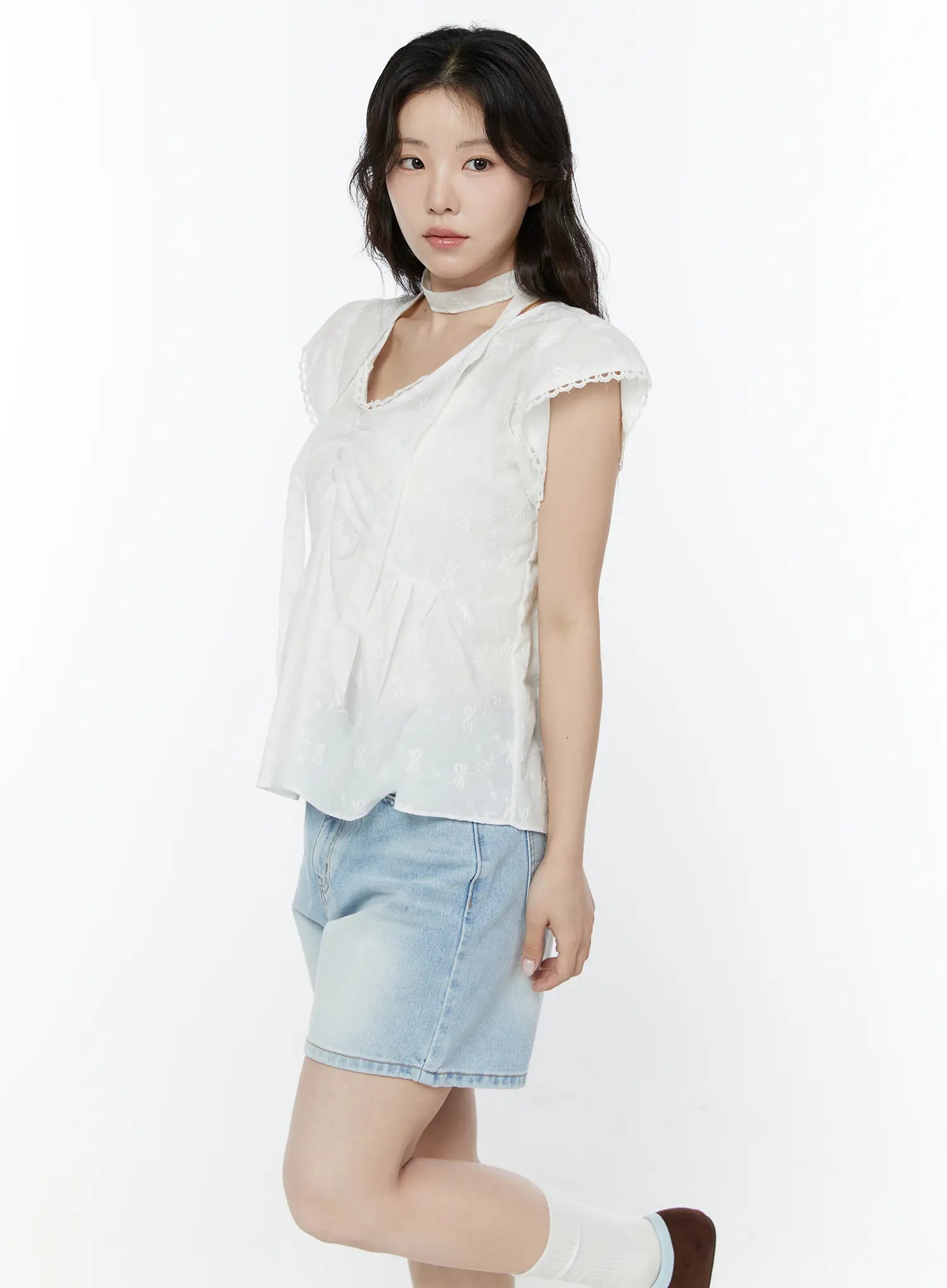 embroidered-ribbon-blouse-and-skinny-scarf-set-iy511