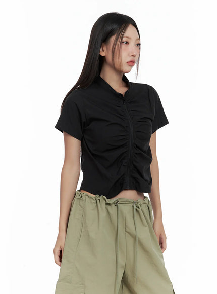 shirred-zip-nylon-short-sleeve-jacket-cl509