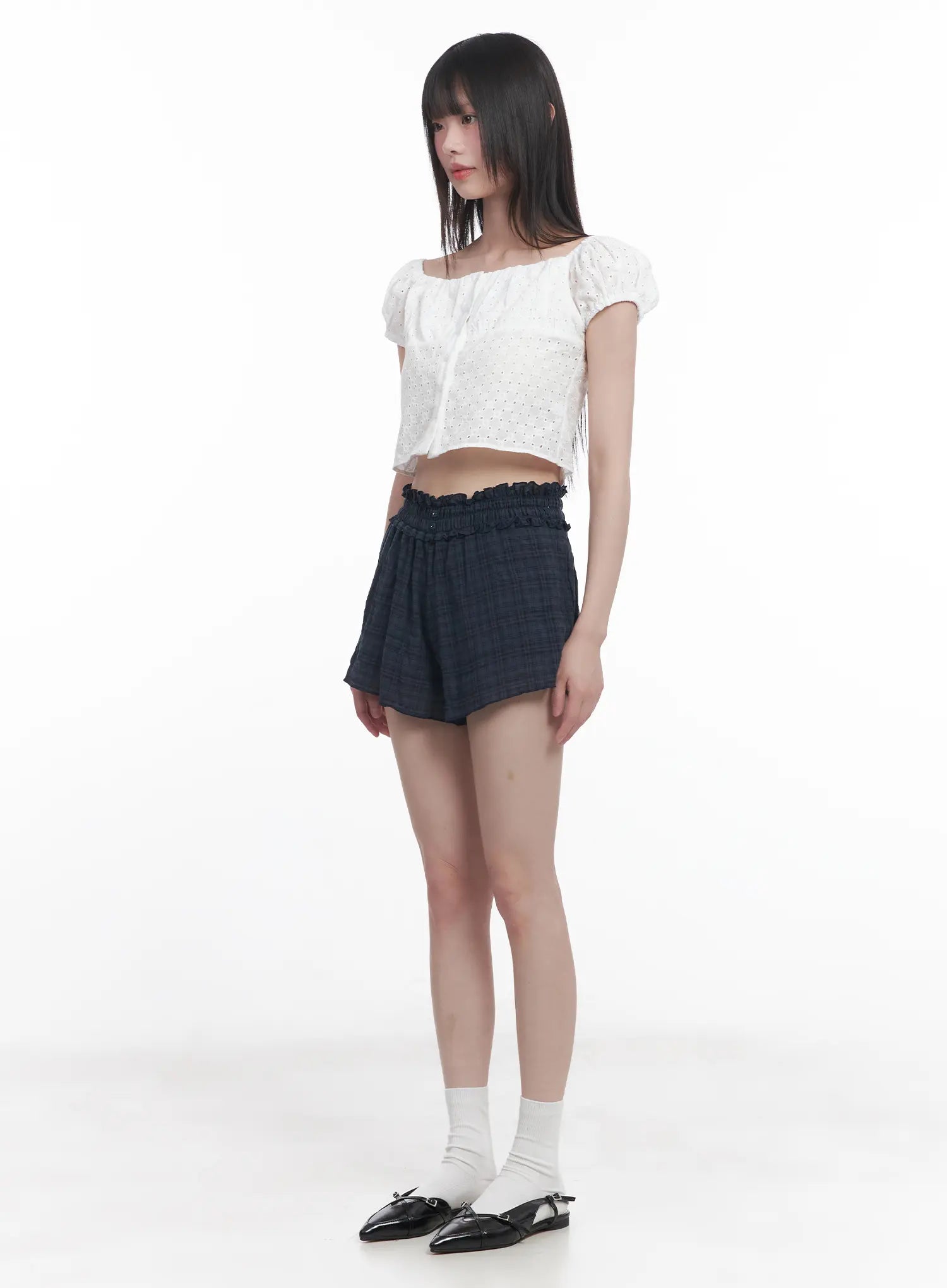 plaid-print-frilly-shorts-cu518