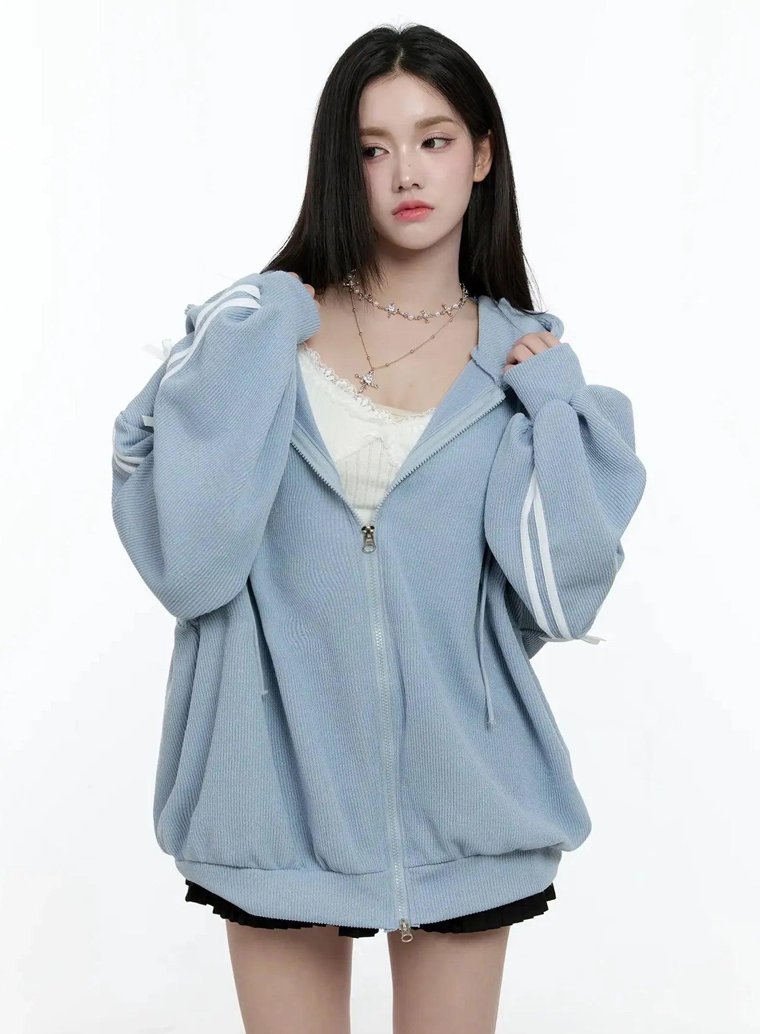 Contrast Oversized Zip-Up Hoodie IO527