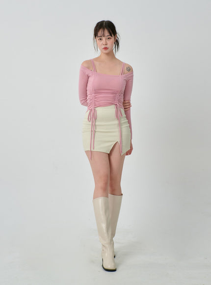 Off-Shoulder Double Front Tie Ruched Top IJ304