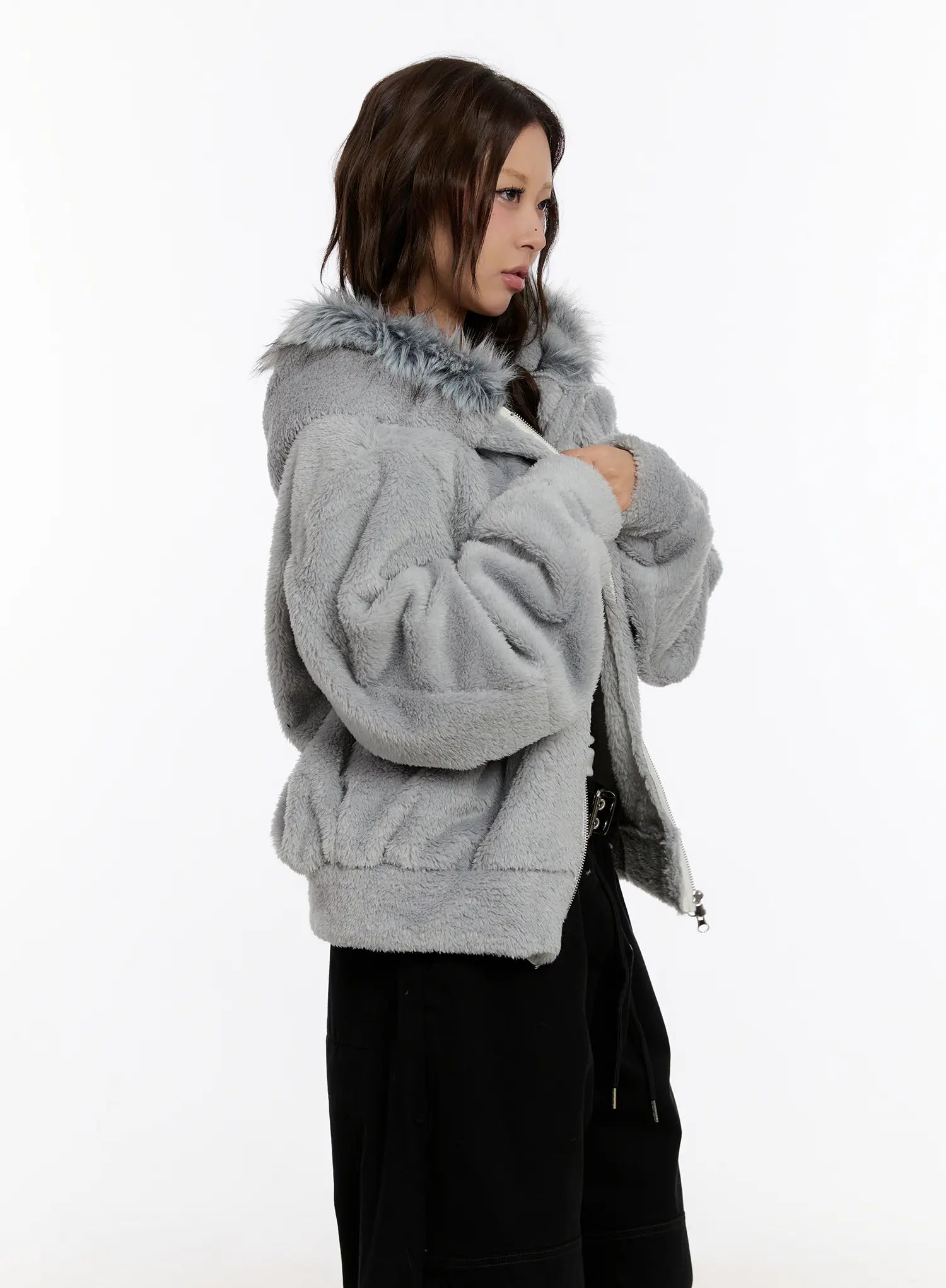Faux Fur Fleece Zip-Up Hoodie CN527