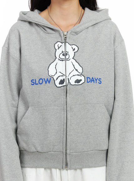 Teddy Bear Graphic Two-Way Zip-Up Hoodie IF525