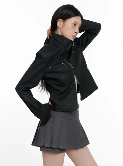 High Neck Zip Up Faux Leather Jacket IS508