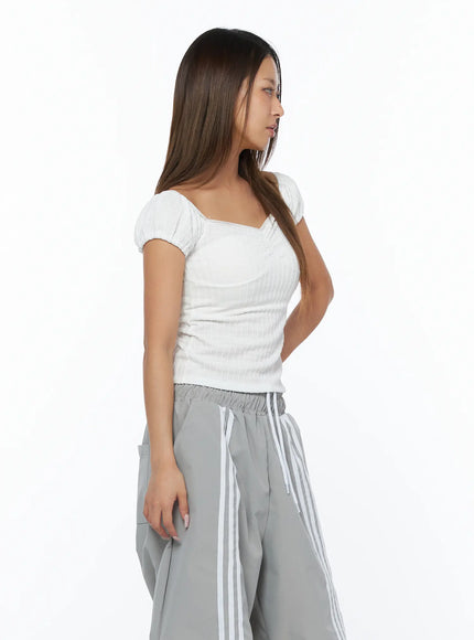 Ribbed Puff Sleeve Top CA516