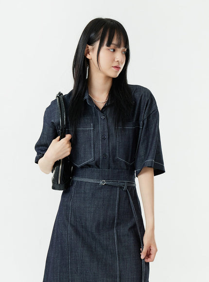 Stitch Denim Set-Up Blouse with Pocket OG23