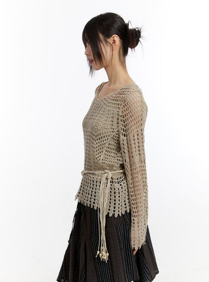 Mesh Knit Sweater with Belt and Tank Top CA508