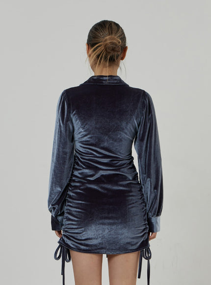 Side Tie Ruching Velvet Long Sleeve Mini Dress CD23