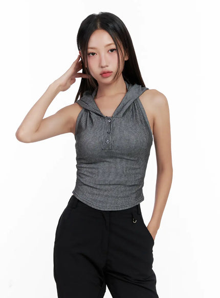 Ribbed Button Hoodie Crop Tank CL518