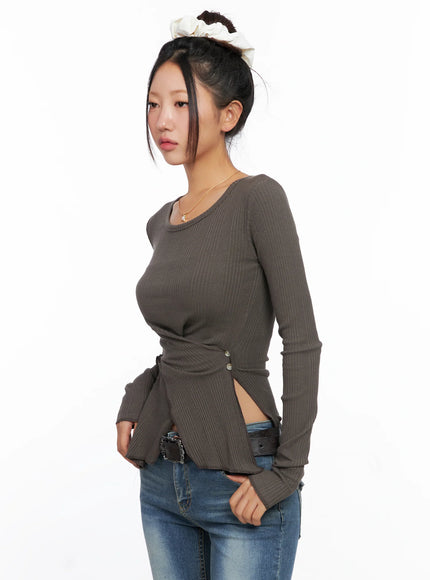 Ribbed U-Neck Button Detail Long Sleeve Top CO514