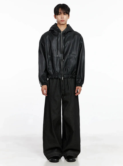 Men's Faux Leather Track Hooded Jacket IO517