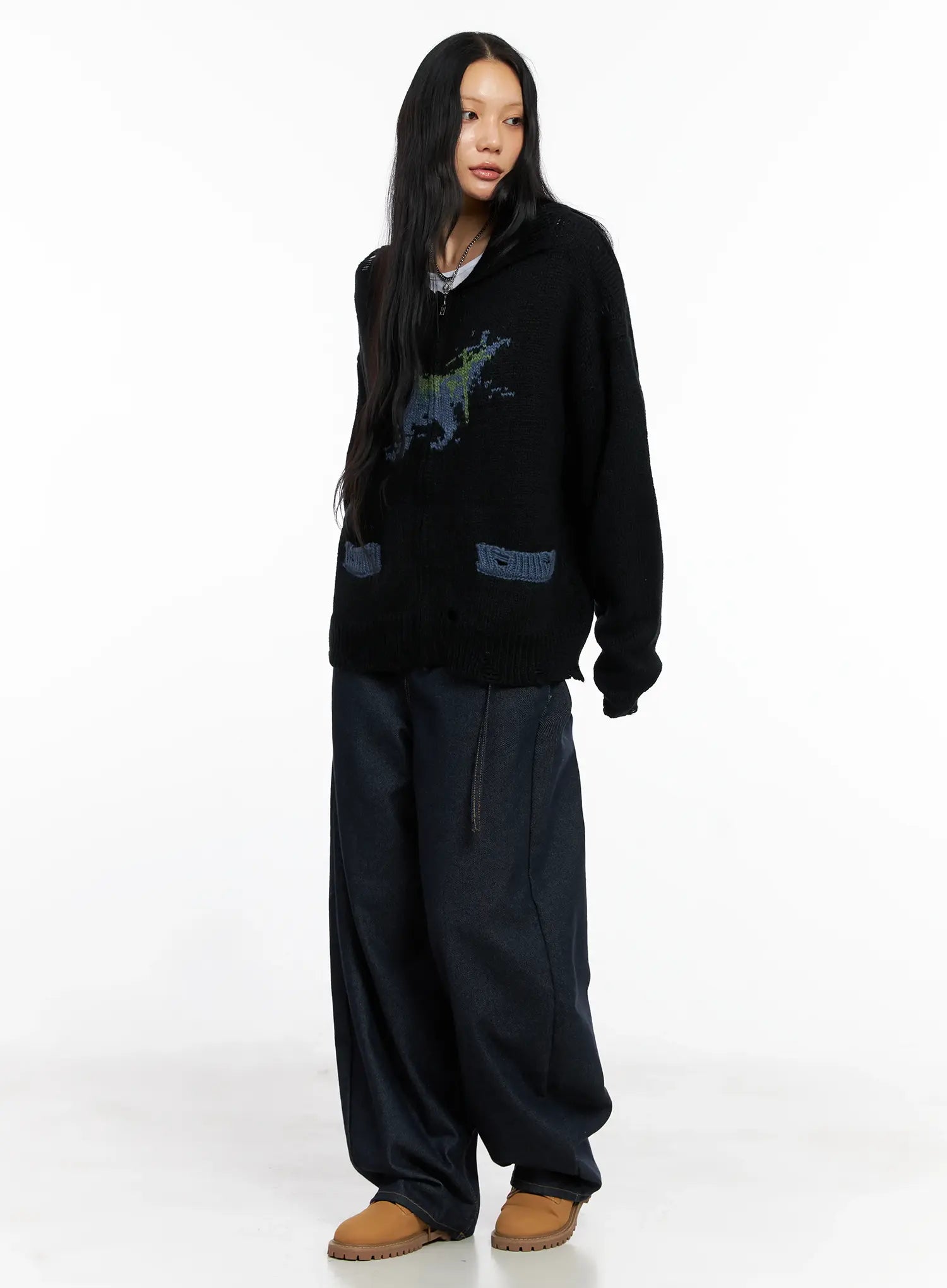 Oversized Distressed Knit Zip-Up CO528