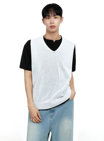 Men's Linen V-Neck Knit Vest IG520