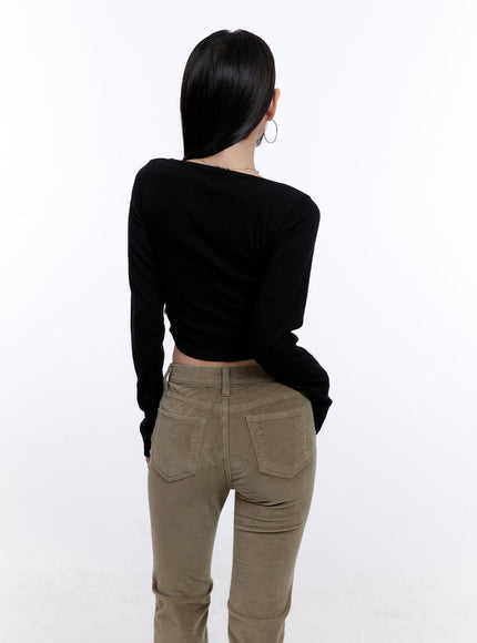 Shirred Long-Sleeve Buttoned Crop Tee CJ513