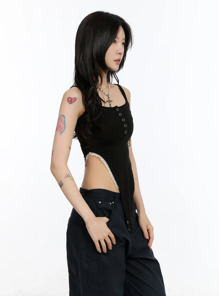 lace-trim-henley-bodysuit-ca507 / Black