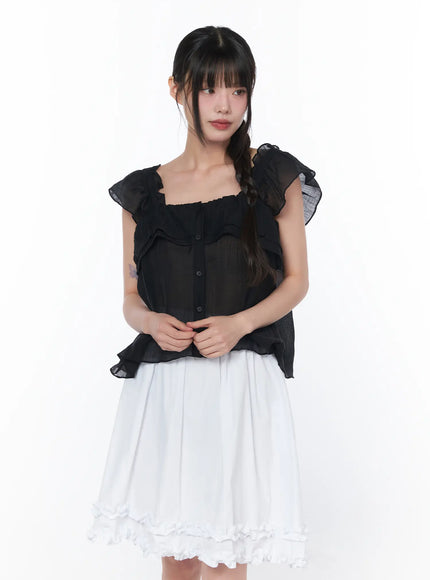 sheer-ruffle-sleeve-blouse-ca528 / Black