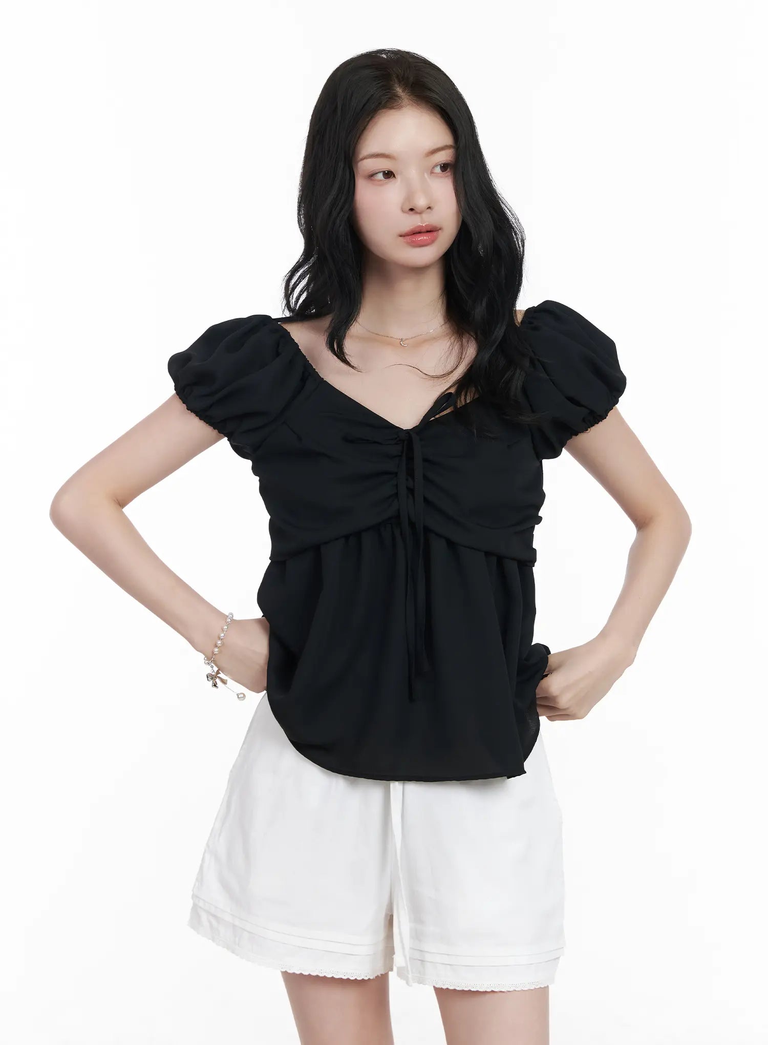 chiffon-ruched-puff-sleeve-blouse-ca510 / Black