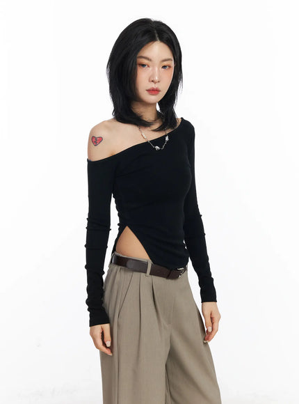 one-shoulder-side-slit-long-sleeve-top-cj522 / Black