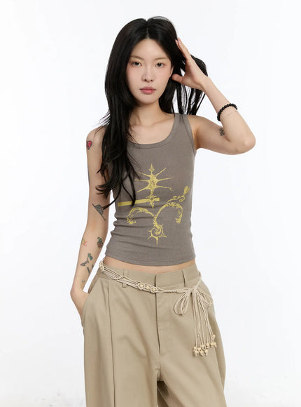 gothic-print-ribbed-tank-ca506 / Brown