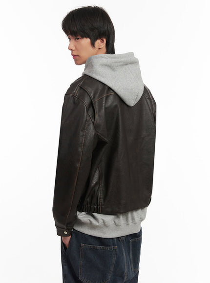 Men's Vintage Faux-Leather Collared Jacket IA510