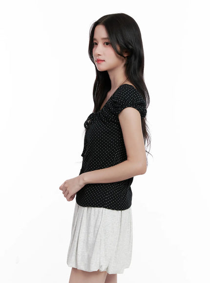 polka-dot-puff-sleeve-ribbon-top-cl516