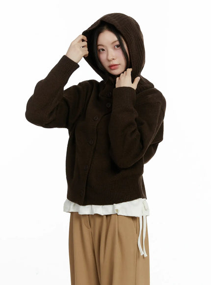 Button Hooded Knit Cardigan F502
