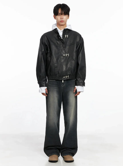 Men's Faux Leather Toggle Buckle Jacket IO516