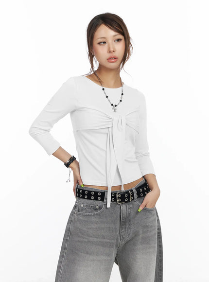 u-neck-ribbon-tie-3-4-sleeve-top-cf511 / White