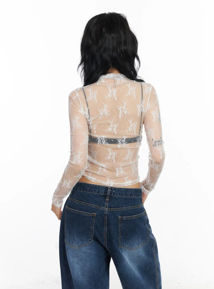 Floral Mesh See-Through Long Sleeve Top CJ522