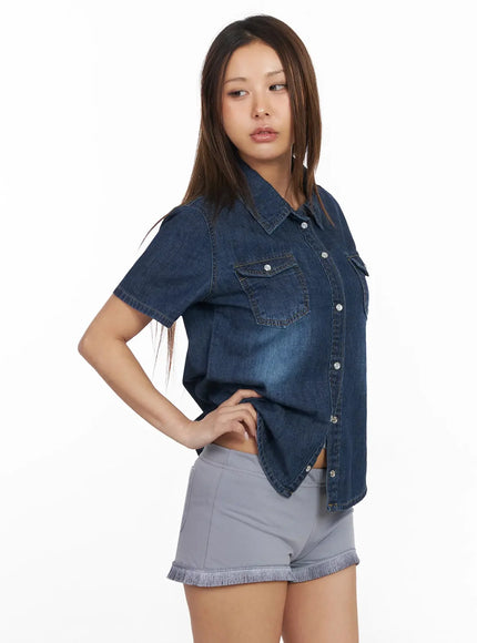 Short Sleeve Denim Button-Up Shirt IY501