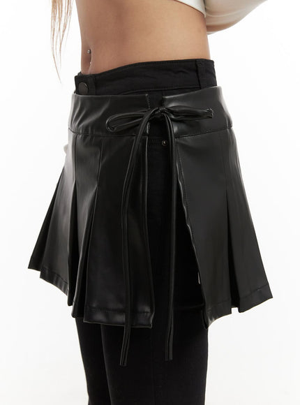 Faux Leather Pleated Wrap Mini Skirt CJ508