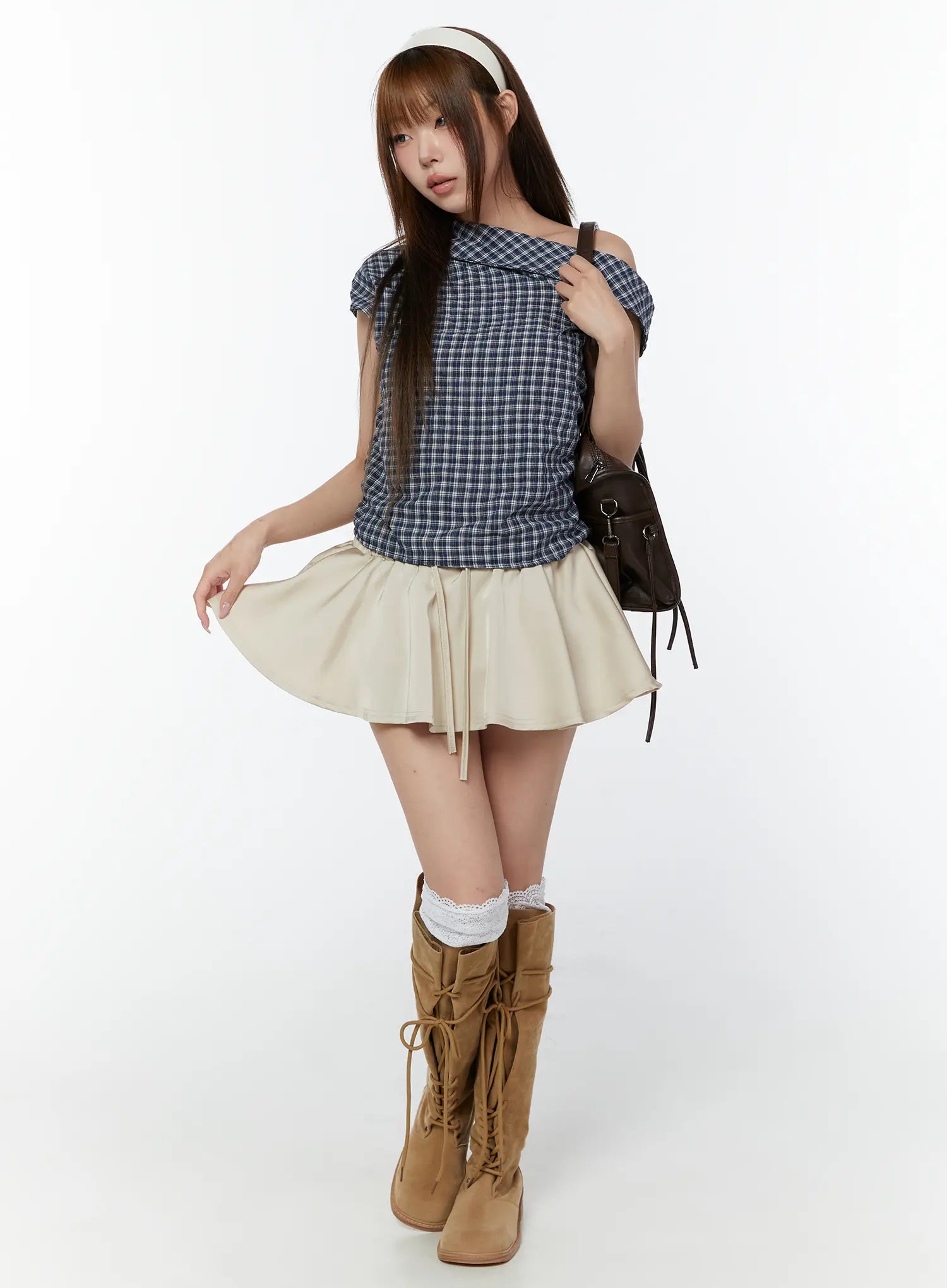 asymmetric-ruched-plaid-blouse-cy519