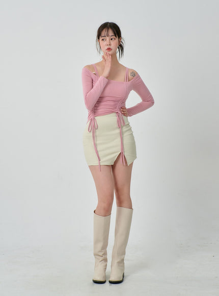 Off-Shoulder Double Front Tie Ruched Top IJ304