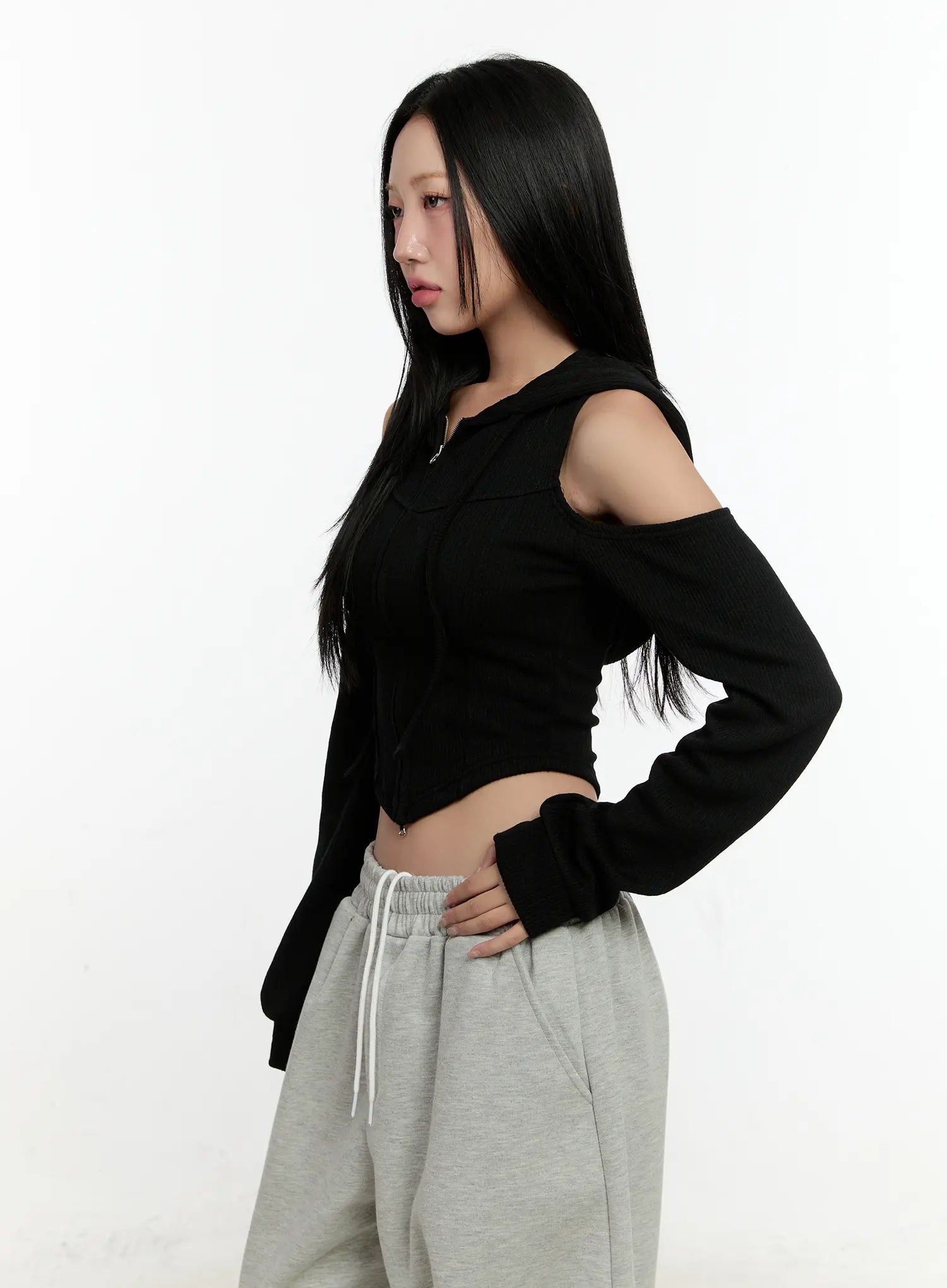Ribbed Shoulder Cut-Out Hoodie CN506