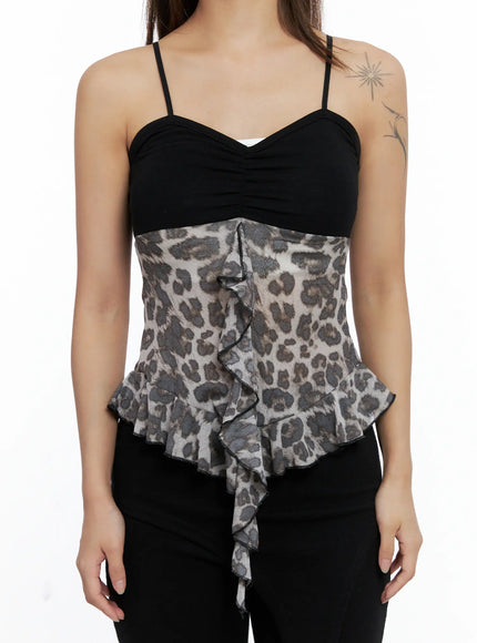 Leopard Print Shirred Ruffle Tank Top CS505