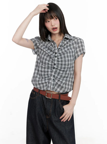 shirred-plaid-button-up-blouse-il531
