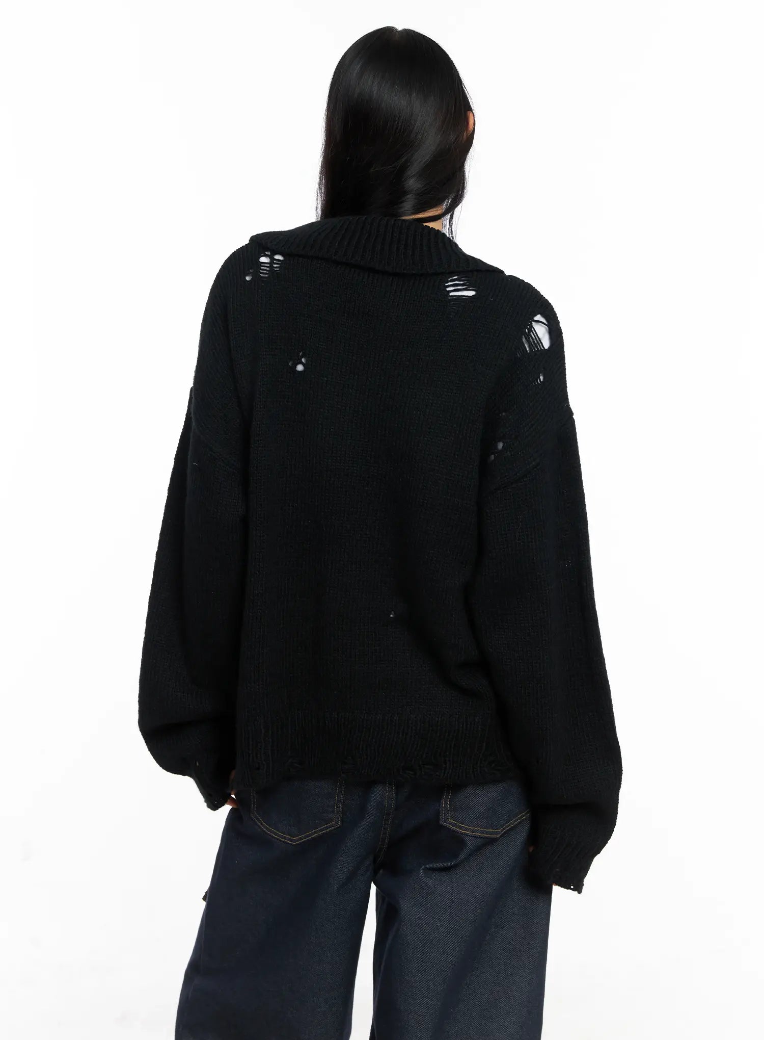 Oversized Distressed Knit Zip-Up CO528