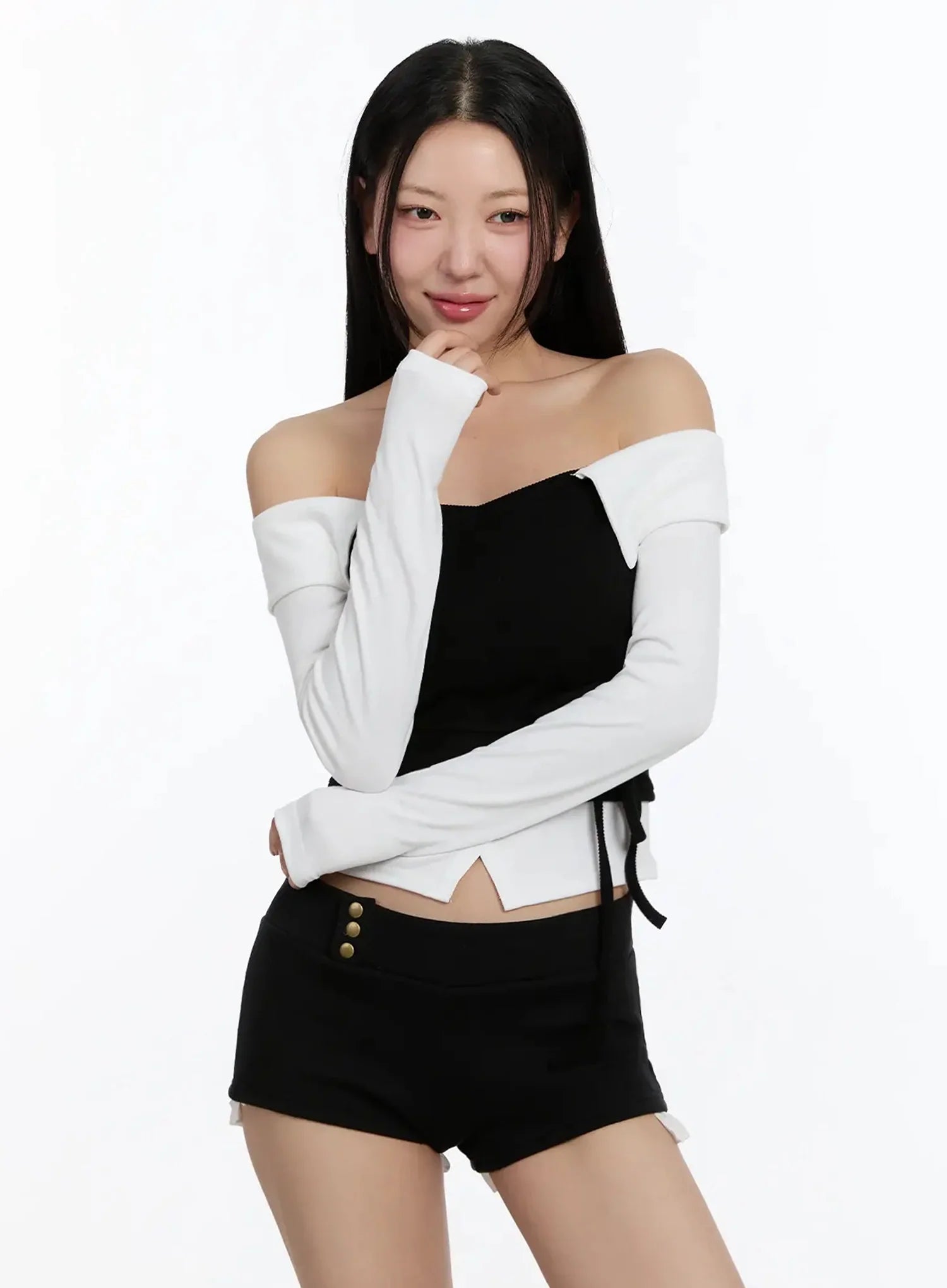 Ribbon-Tie Collared Off-Shoulder Top IM509 - Feminine style