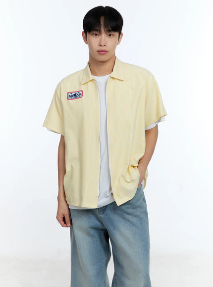 mens-pinstripe-short-sleeve-zip-shirt-ig519 / Yellow