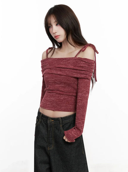 Knit Ribbon Strap Off-Shoulder Top IN514